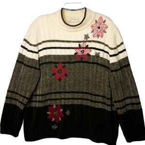 Alfred Dunner Women's 2X Black & White Sweater w Red Poinsettas Padded Shoulder